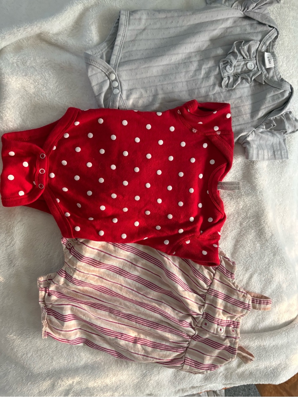 Red Polka Dot Baby One-Piece Bodysuit and two neutral bundle